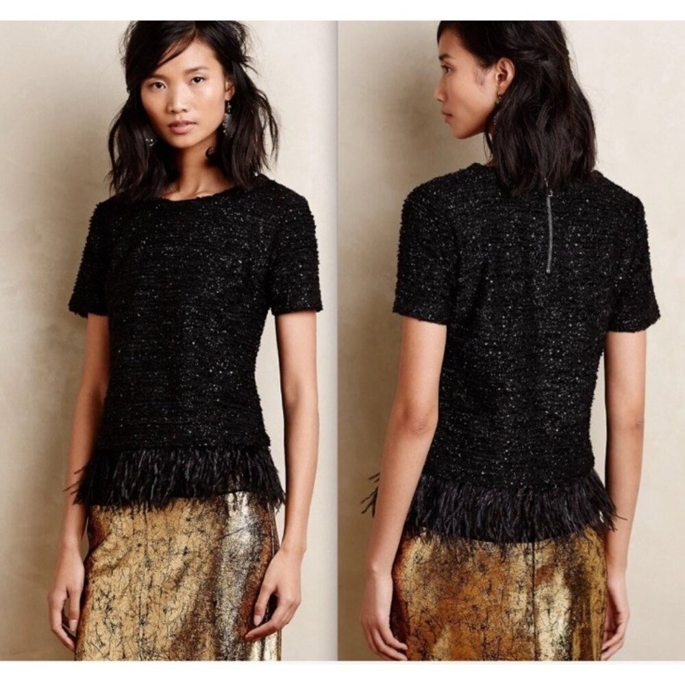 Anthropologie Deletta Black Sequin Feather Boucle Short Sleeve Party Top Size XS